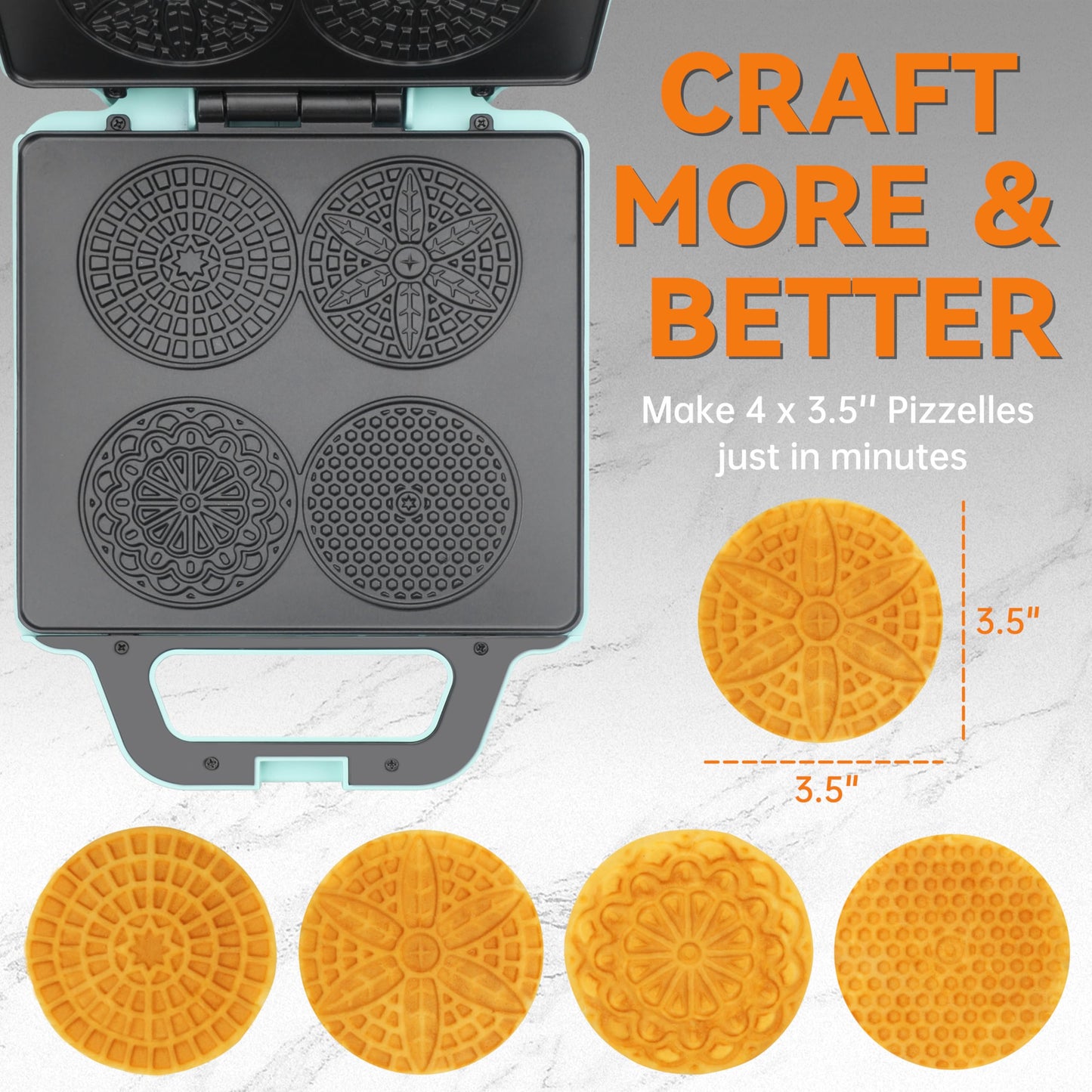 Baker’s Friend Pizzelle Maker Electric, 4 X 3.5” Pizzelle Waffle Cookies for Christmas Baking Supplies, Stroopwafel Iron, Cookie Maker Machine with Pattern, Thin Waffle Maker, Aqua