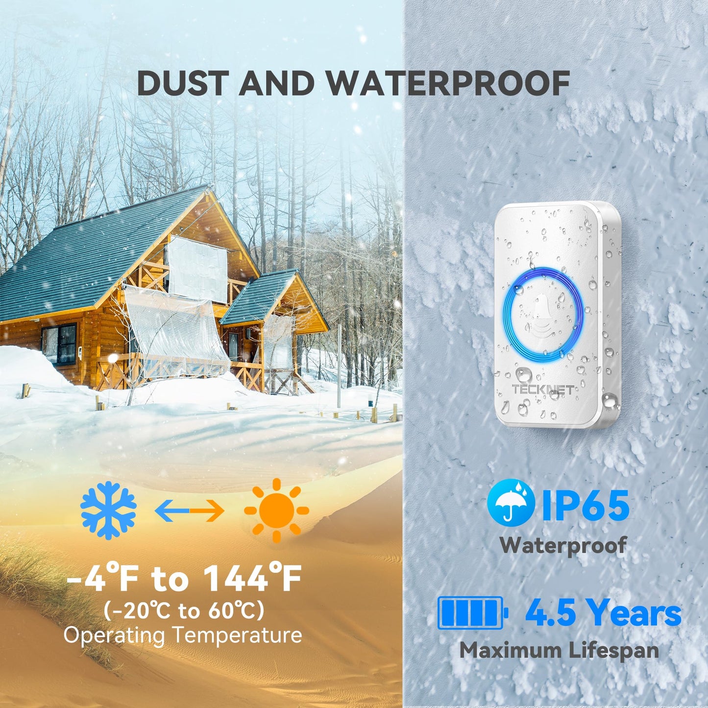 TECKNET Wireless Doorbell, Door Bell 0-120dB, 1300 ft Wireless Range, IP65 Waterproof Classroom Doorbells, 60 Chimes & 5 Volume Levels, RGB Light for Home Kid Room Office Hearing Impaired