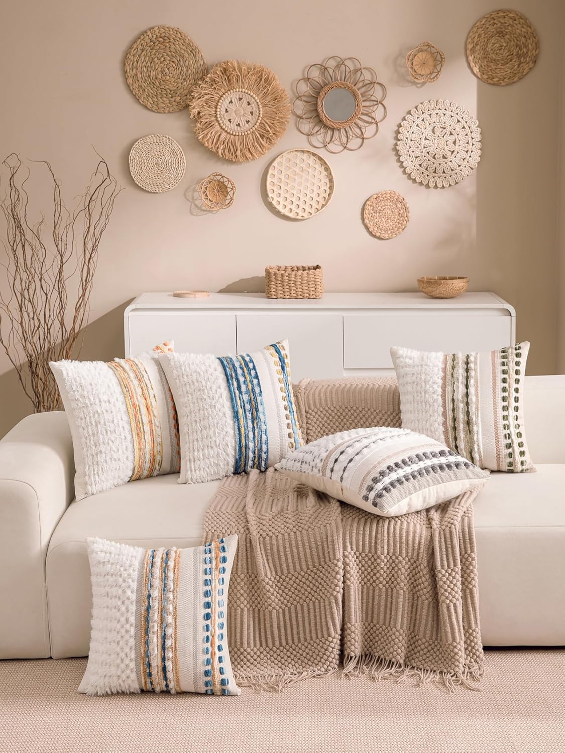 18x18 Inch Set 2 Boho Chenille Tufted Couch Throw Pillow Covers of Farmhouse Striped Decorative Pillow Covers Accent