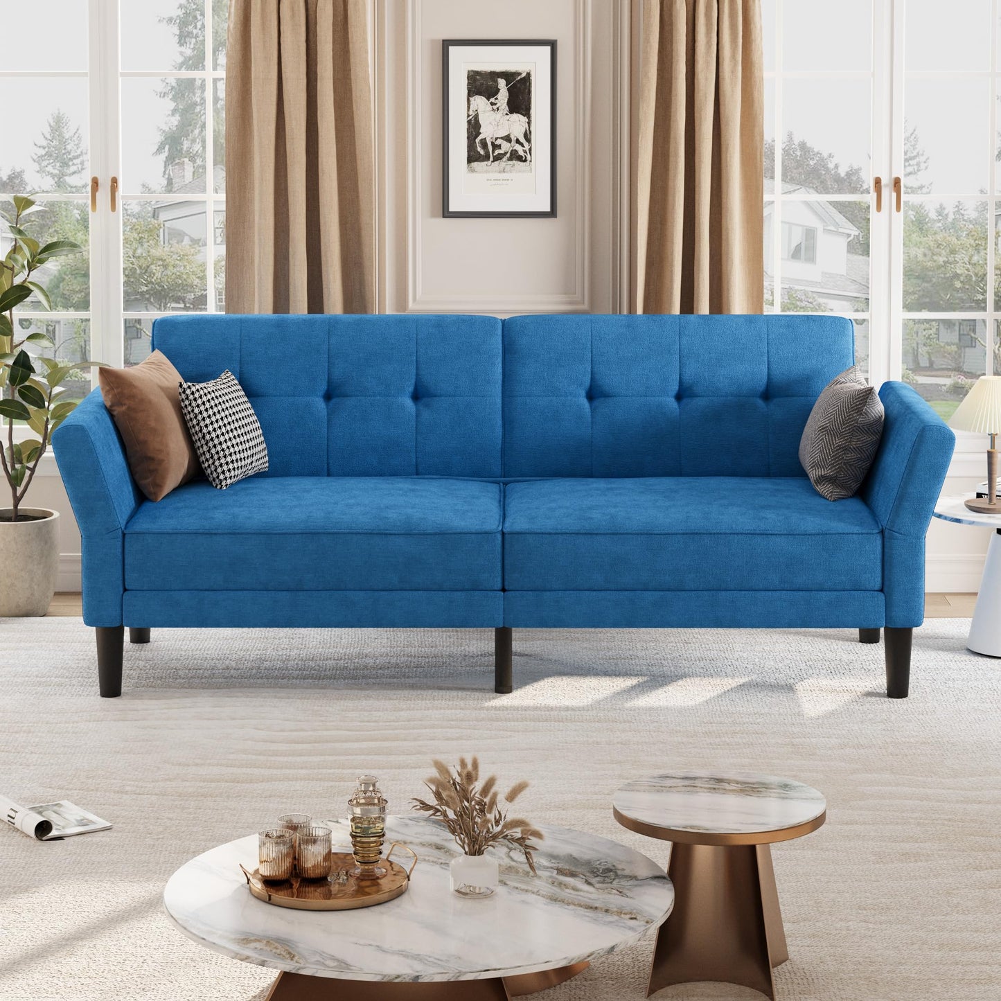 IDEALHOUSE 89" Futon Sofa Bed, Convertible Sleeper Sofa with Adjustable Backrest & Armrest, Modern Futon Couch Bed, Loveseat Sleeper for Living Room Bedroom Apartments, Blue