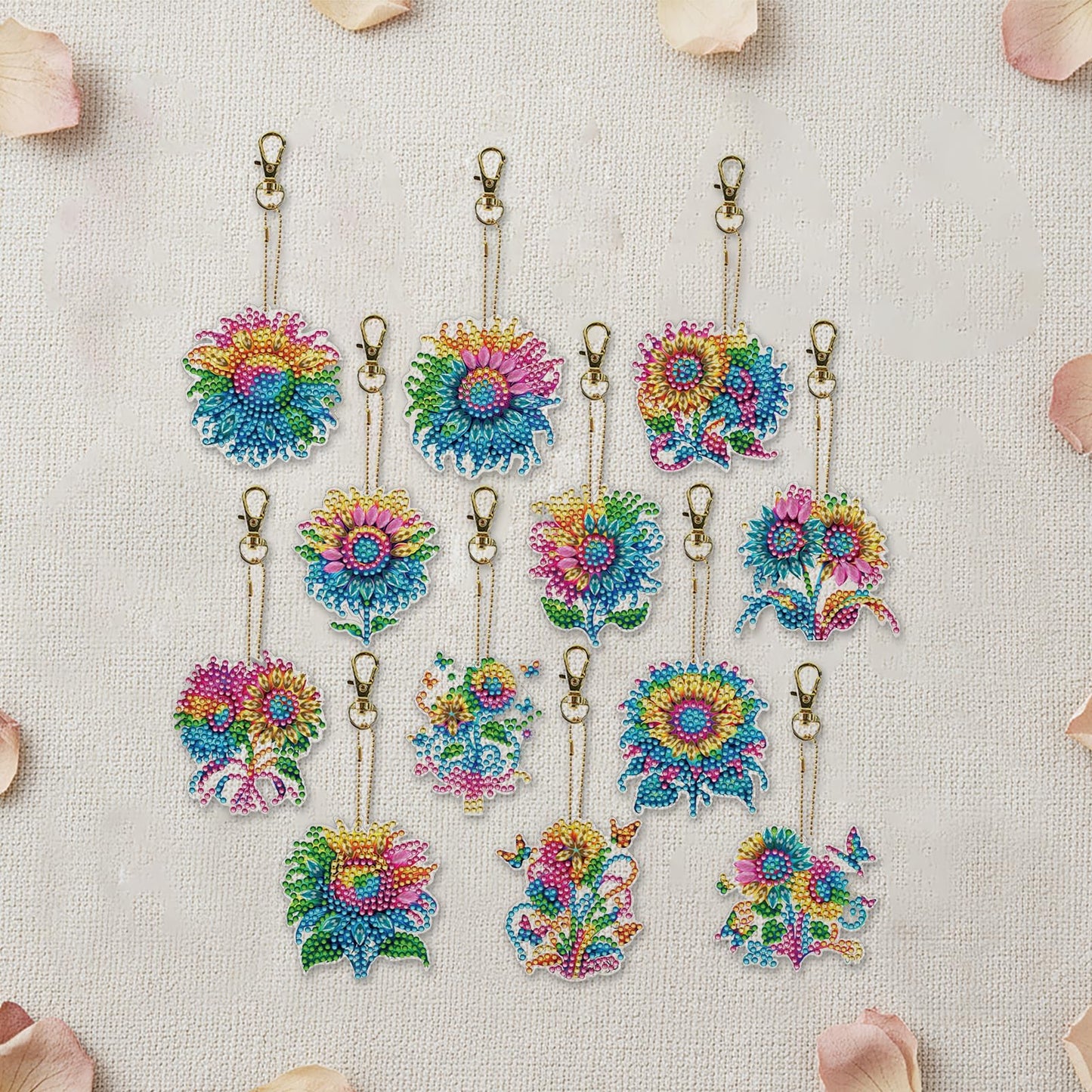 C'eitura 12-Pack DIY Colorful Sunflower Diamond Art Keychain Kits, Cute Keychains for Bags, Keys, Backpacks, Sparkling Art & Craft Gifts for Kids, Teens, Adults
