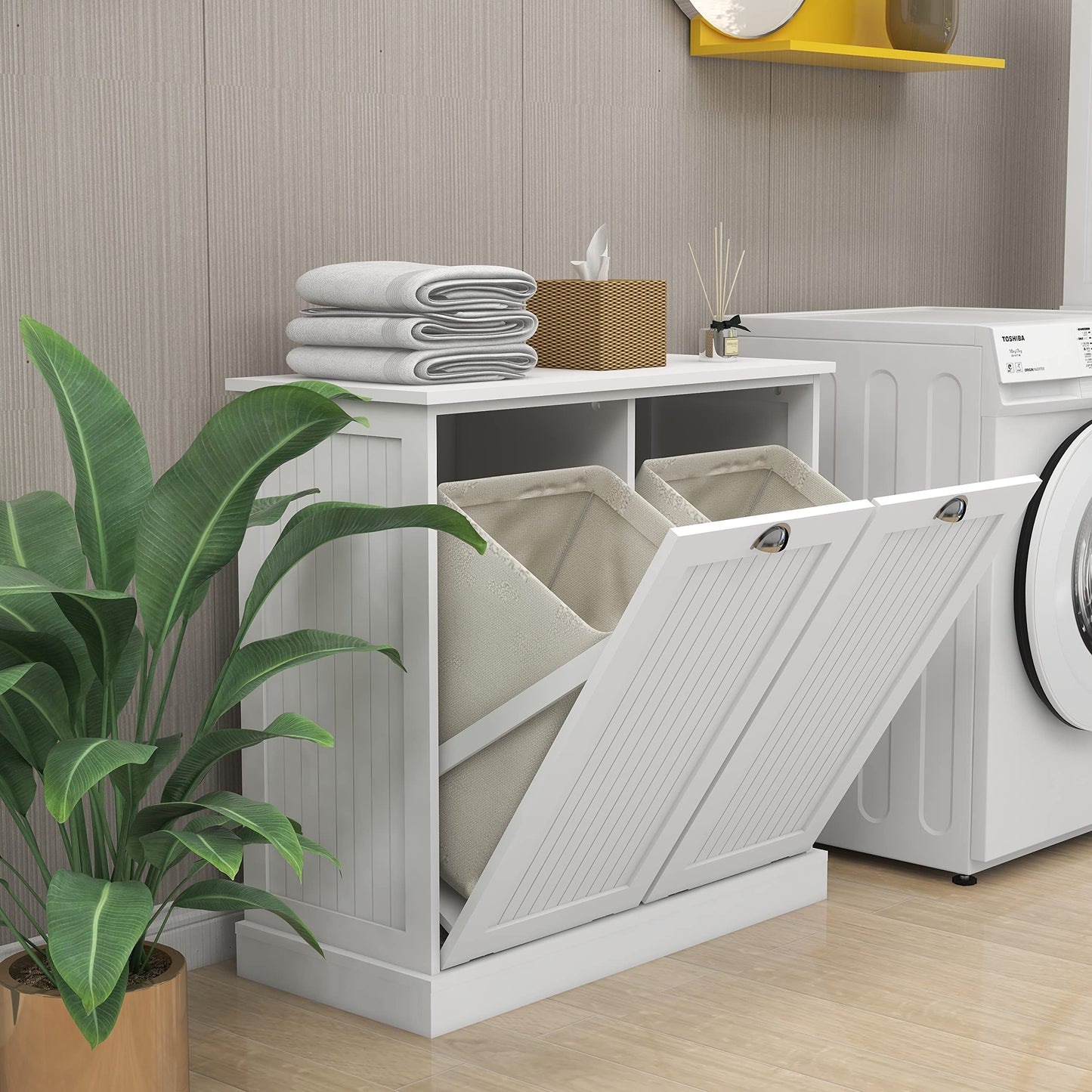 Two Compartment Tilt Out Laundry Sorter Cabinet White