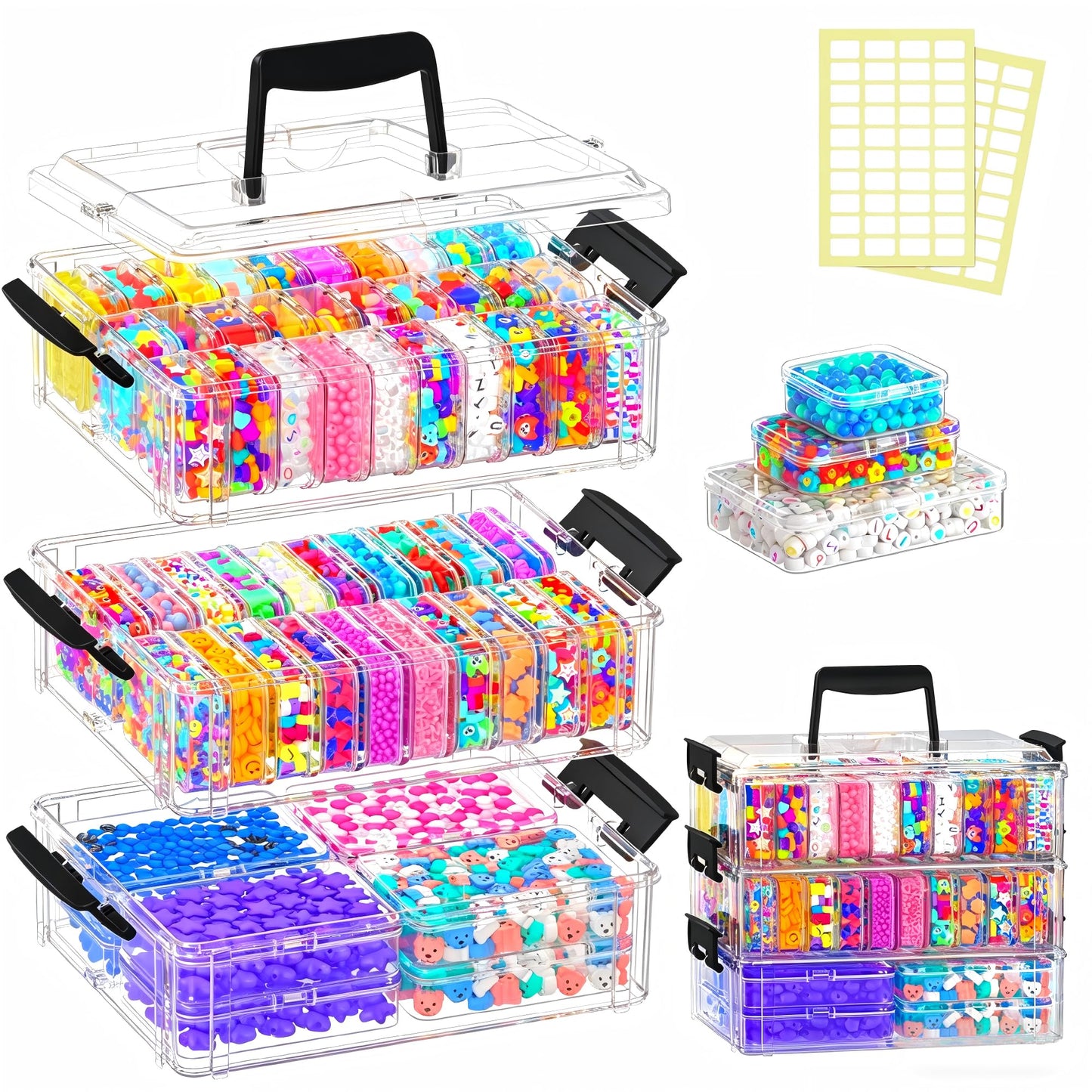 VANSUNS Bead Organizer Box 58 Pcs, 3-Tier Stackable Storage Box, and 3 Different Container Sizes Small Plastic Containers with Lids, Portability, Clear Organizers for Jewelry DIY Craft Storage