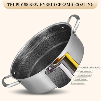 Inqibee 6 QT Hybrid Nonstick Saute Pan with Lid, Tri-Ply Stainless Steel 12 Inch Deep Frying Pan Cookware, Induction Compatible, All Cooktops, Oven & Dishwasher Safe