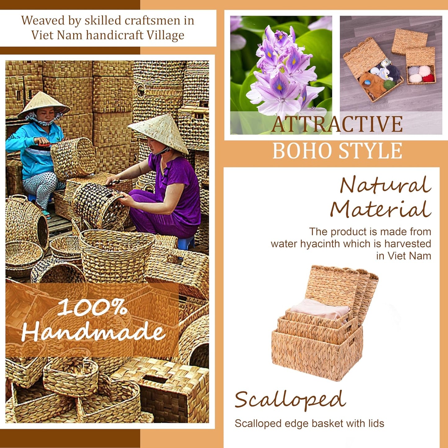Set 3 LUSYDECO of Scalloped Edge Wicker Basket with Lid, Rectangle Wicker Storage Basket with Built-in Handles