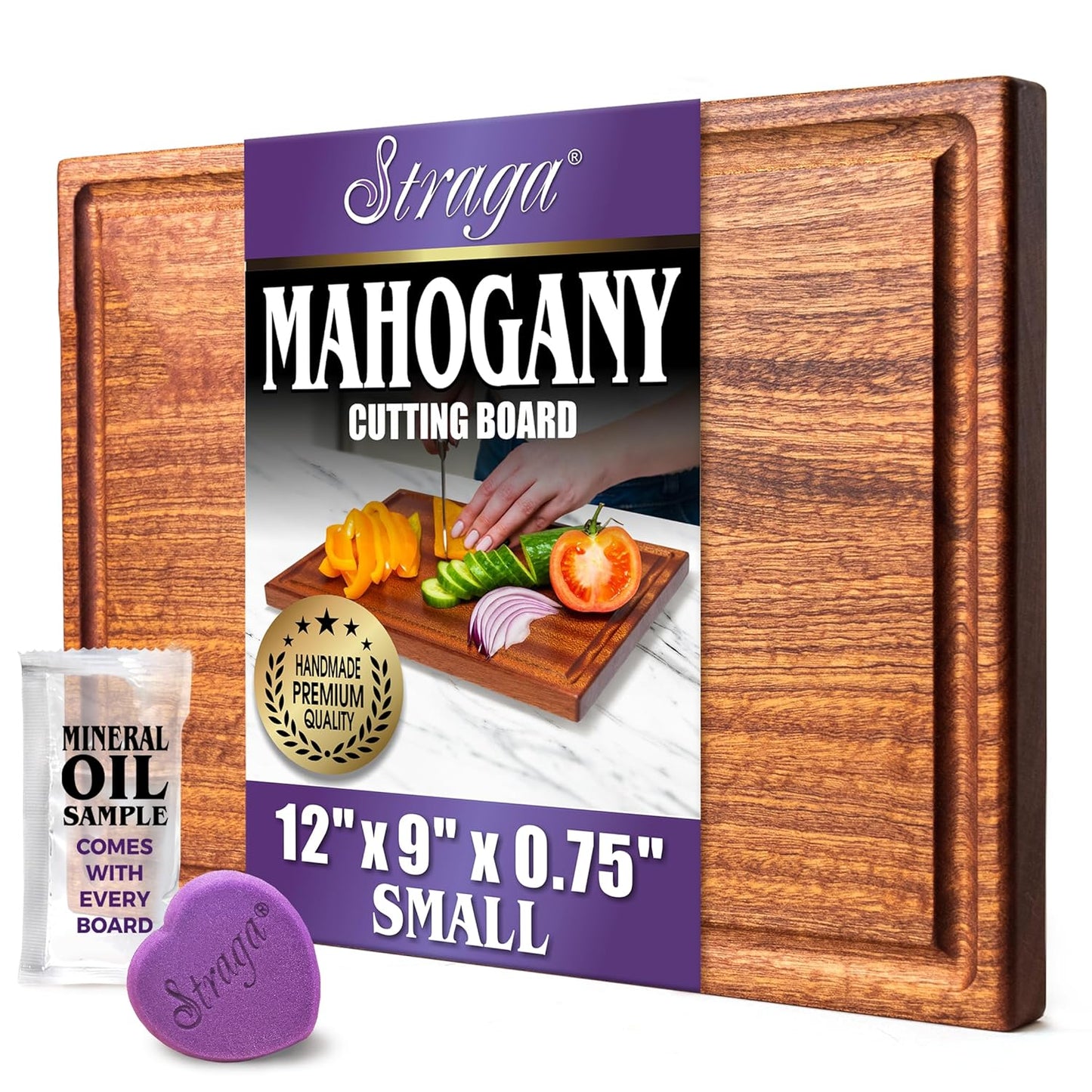 Straga Premium Mahogany Hardwood Cutting Board, 12" x 9" x 0.75", Sustainable Kitchen Essential with Juice Groove
