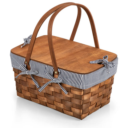 PICNIC TIME Kansas Handwoven Wood Picnic Basket, Sturdy Woven Wicker Basket with Tabletop Lid and Removable and Washable Polycotton Vintage-Style Liner, (Navy Blue & White Stripe)