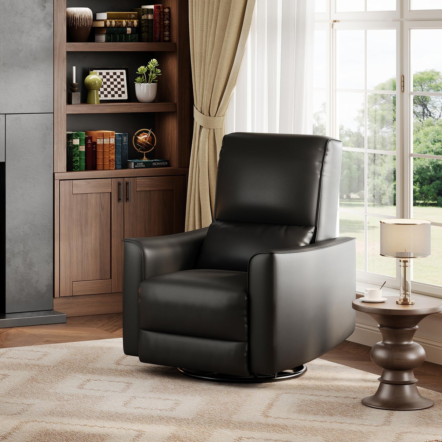GarveeHome Recliner Chair, 360° Swivel Rocker Glider Nursery Chair with Padded Armrest and Deep Seat, PU Leather Upholstered Reclining Sofa Chair for Living Room, Bedroom and Nursery (Charcoal)