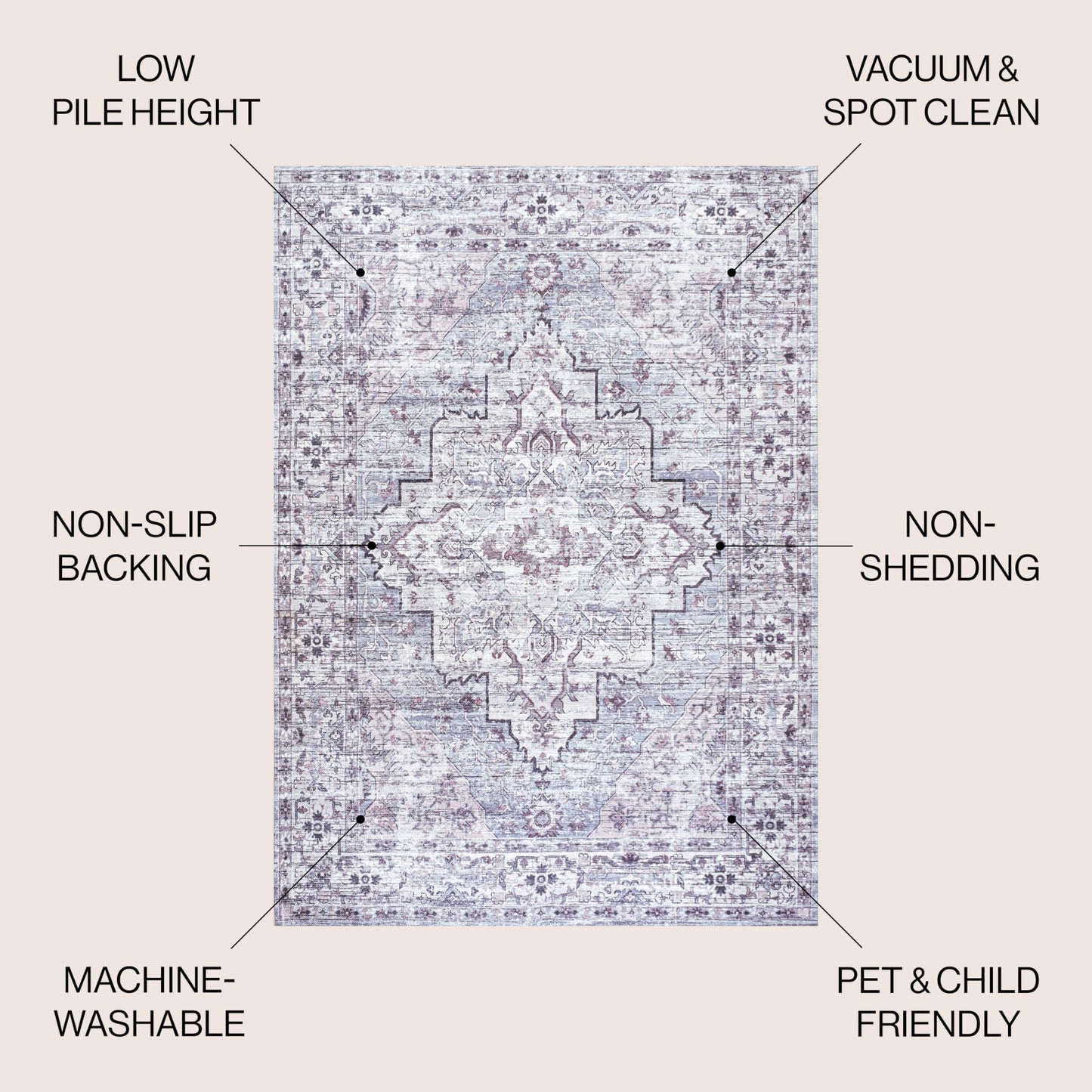 JONATHAN Y Machine Washable Gray/Purple Indoor Area Rug 3X5 ft, Didim Boho Medallion for Living Room, Bedroom, Kitchen, Office, Easy-Cleaning, High Traffic, Pet-Friendly, Non-Shedding (WSH102A-3)