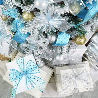 MEEDEE Turquoise Christmas Ribbon - 2.5 Inch, 6 Rolls, 36 Yards - Blue & Silver for Christmas Tree