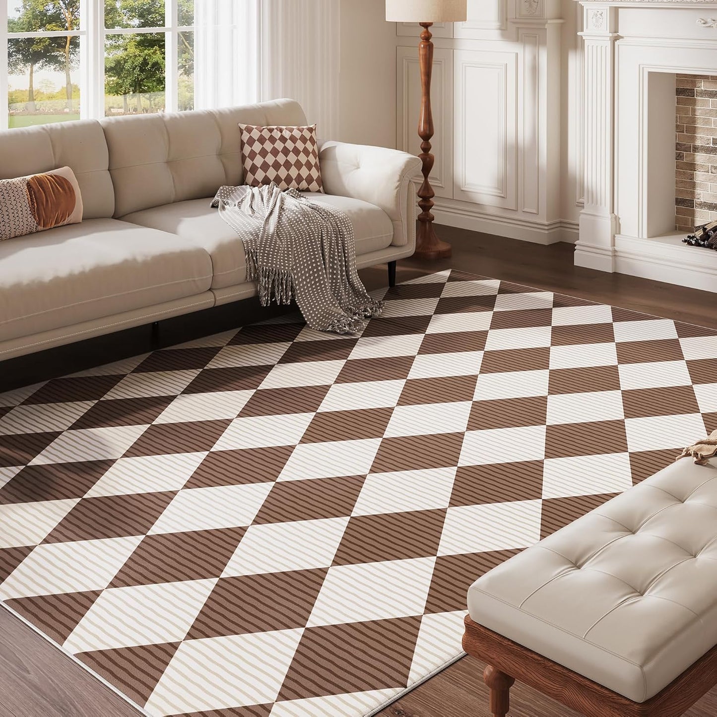 5x7 Washable Checkered Rugs for Bedroom, Brown and White Area Rug for Living Room, Geometric Faux Wool Carpet for Kids