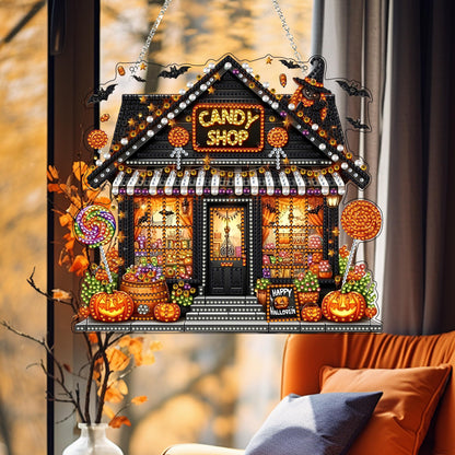 JJFox Diamond Art Hanging Kit for Adult,Special Shaped Rhinestone,DIY Acrylic Diamond Art Painting Window Pendants Home Garden Wall Hanging Kits Hanging Ornament (Candy House)