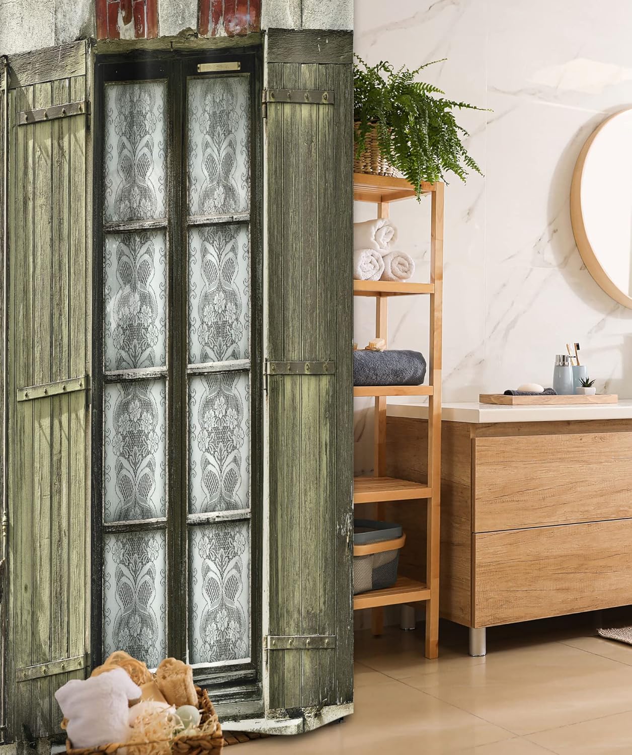 Ambesonne Country Stall Shower Curtain - European French Window Antique Design, Fabric Bathroom Decor, 36" W x 72" L