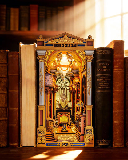 Rolife DIY Book Nook Kit - Library of Wonders 3D Wooden Puzzle | Baroque Miniature House with Grand Chandelier & Touch LED | 10.4" Bookshelf Insert Decor | Creative Gift for Adults (258 Pcs)