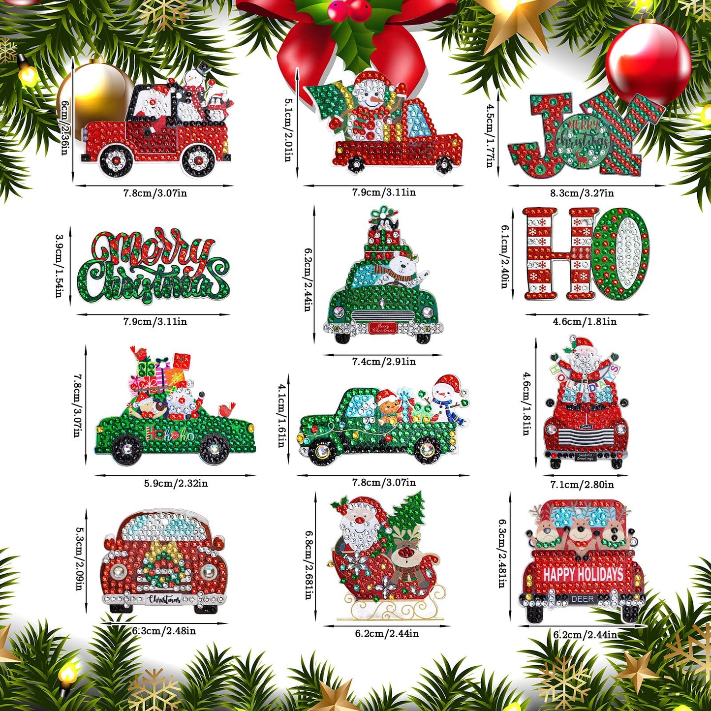 AnyDesign 12Pcs Christmas Diamond Art Keychain DIY Handmade Truck Santa Snowman Gem Painting Pendant Rhinestone Mosaic Making Full Drill Diamond Key Chain for Crafts Gift