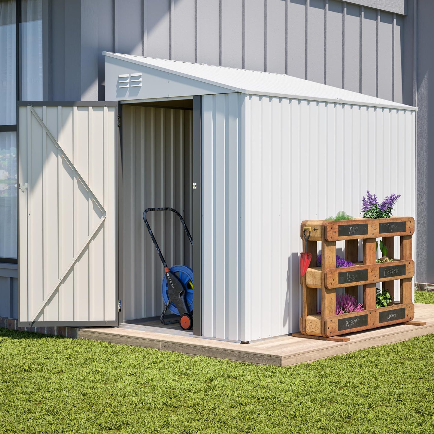 YOPTO 4×7 FT Outdoor Metal Storage Shed,Heavy-Duty Lean to Storage Shed with Lockable Door and Reinforced Beams,All Weather Waterproof Storage House W/2 Air Vents,for Backyard,Patio,Lawn,White