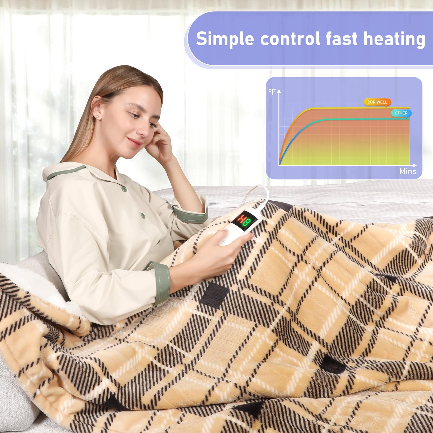 Electric Heated Blanket Queen Size 84''x90'' Soft Flannel & Sherpa Electric Blanket with 10 Heating Levels, Automatically Shut Down After 8h with Overheat Protection Machine Washable