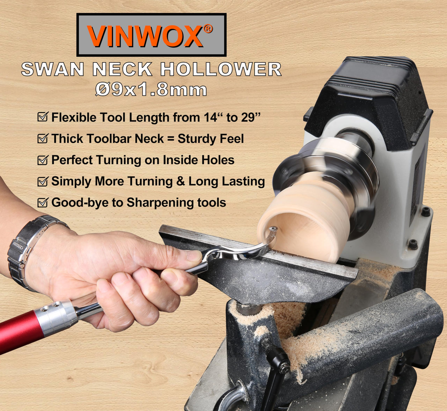 VINWOX 9 PCS Carbide Wood Lathe Turning Tool Set, Pen Turning tools, Including Swan Neck Hollower, Rougher, Finisher, Detailer, Aluminum Handles from 14" to 29", Fine Polished Stainless Steel Shank