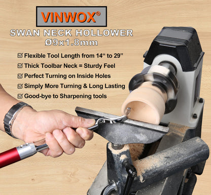 VINWOX 9 PCS Carbide Wood Lathe Turning Tool Set, Pen Turning tools, Including Swan Neck Hollower, Rougher, Finisher, Detailer, Aluminum Handles from 14" to 29", Fine Polished Stainless Steel Shank