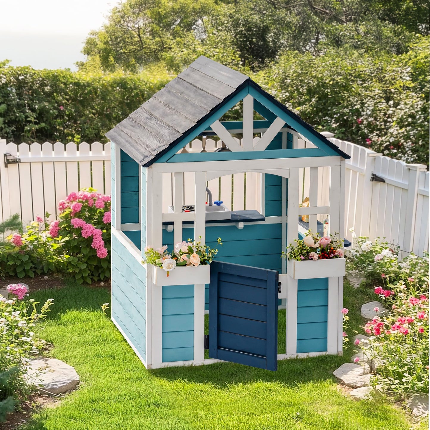 ROBUD Wooden Playhouse, Outdoor Kids Playhouse with Sink, Stove, Cookware, Flowerpot Holders, Snack Bar, Cottage Play House for Backyard, Blue