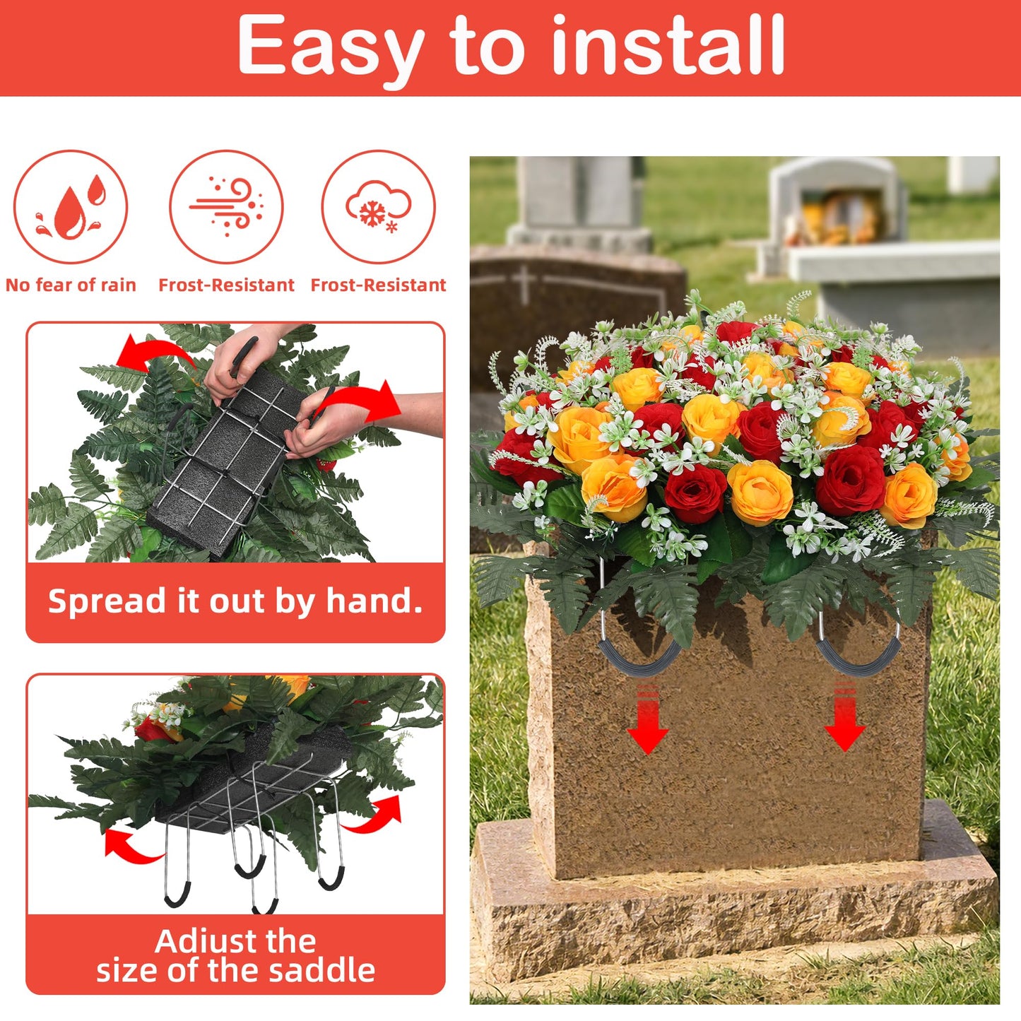 Lodou Artificial Cemetery Flower Saddles for Graves – 10 Pcs Silk Fern & 40 Realistic Rose Blossoms with Metal Headstone Holder –Resistant Memorial Flowers for Tombstone Decor (Red Yellow)