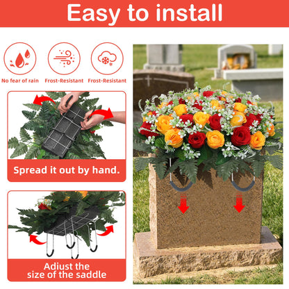 Lodou Artificial Cemetery Flower Saddles for Graves – 10 Pcs Silk Fern & 40 Realistic Rose Blossoms with Metal Headstone Holder –Resistant Memorial Flowers for Tombstone Decor (Red Yellow)
