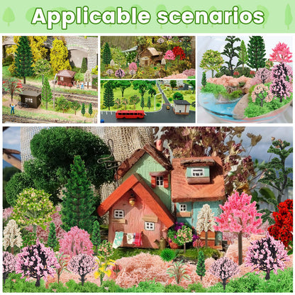 QUOZUO 36 Pcs Mixed Model Trees with 40g Moss Pink and Green, Diorama Trees Grass Mini Fake Miniature Trees Moss for Building Model, Model Train Scenery, Natural Green Landscape, Railroad Scenery