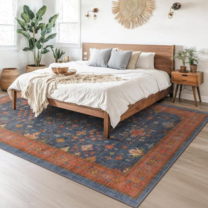 Large Area Rug by Navy Blue | Geometric Floral Design - Washable Low Pile Soft Carpet for Living Room & Dining Room