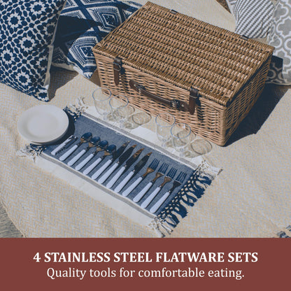 Picnic TME Belmont Picnic Basket for 4, Insulated Wicker Basket Set with Porcelain Plates, Stainless Steel Flatware, Wine Glasses, Cooler, Leatherette Straps, Gift (Navy Blue & White Stripe)