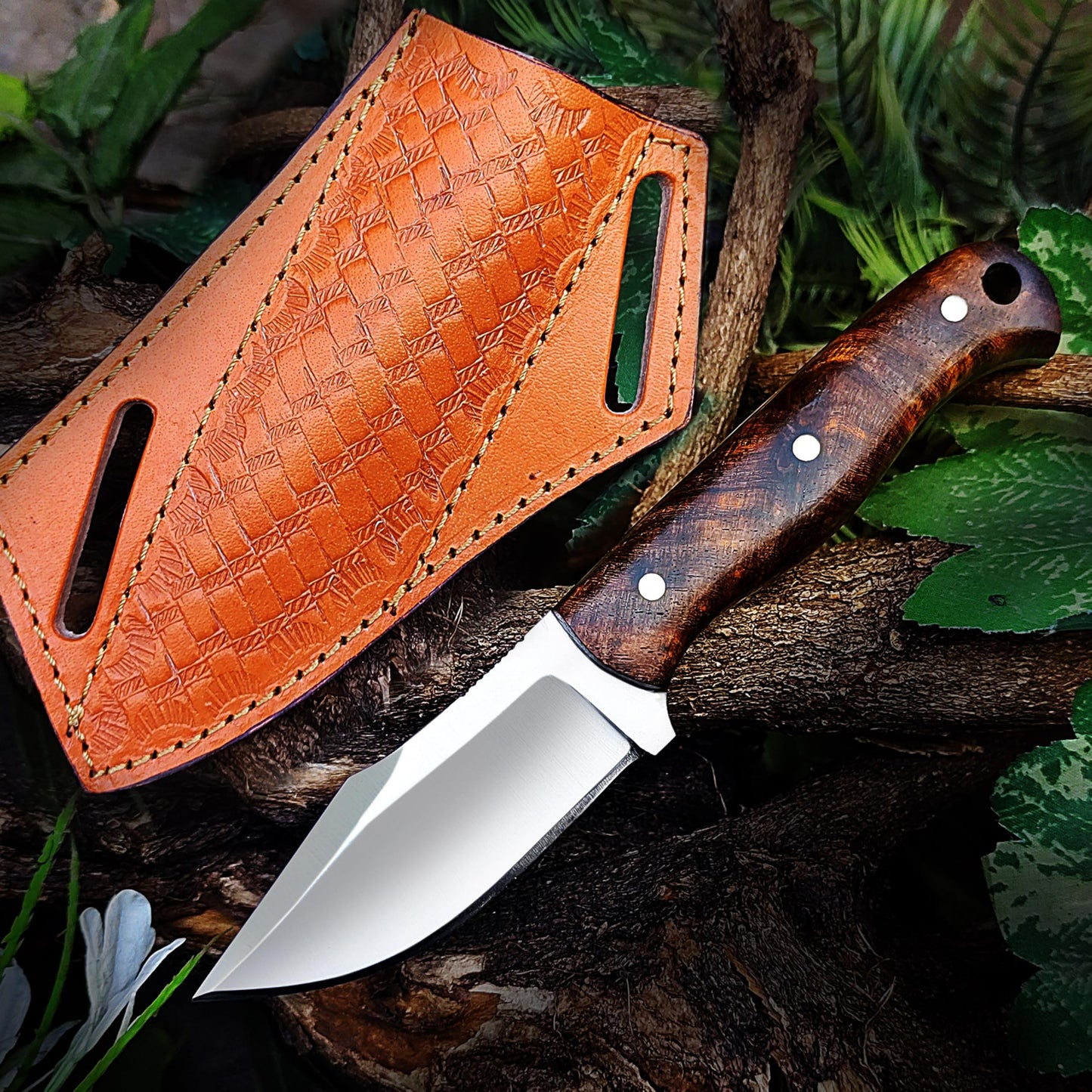Forntier Swords Custom Handmade Hunting Knife - 7" Bushcraft Fixed Blade EDC Knife D2 Steel Blade, Rosewood Handle, With Leather Sheath