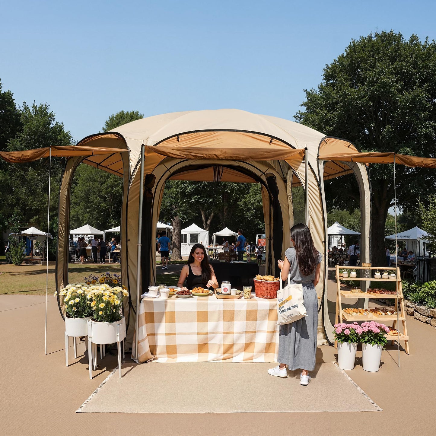 East Oak 12×12 FT Pop Up Canopy Tent with Mesh | Outdoor Screen House with 4 Sunshades | Instant Canopy with Portable Carry Bag | Gazebo Tent for Camping, Patio, and Beach | Beige