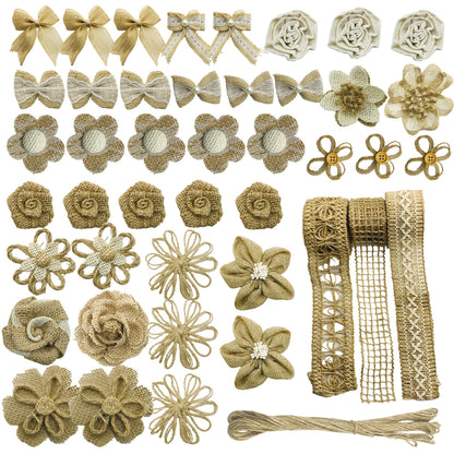 Allazone 46 PCS Natural Burlap Flowers Set, 3 Rolls Lace Burlap Ribbon and 40 PCS Handmade Burlap Rose Flowers, Twine Ribbon and Glue Point for DIY Craft Wedding Party Gift Decor