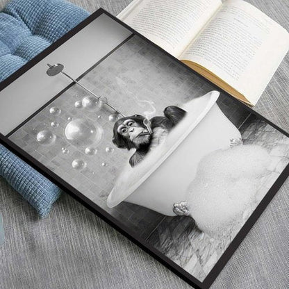 Chimpanzee Art by Framed | Fun Black and White Bathroom Canvas | Retro Animal Decor 8x10 Inches