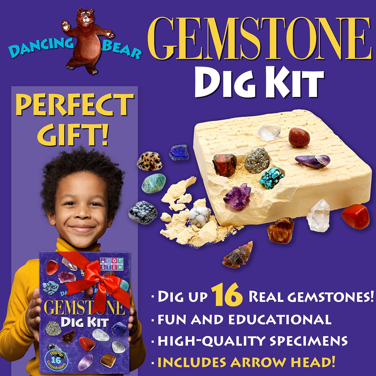 DANCING BEAR Gem stone Dig Kit, Excavate 16 Real Gems & Crystals including Arrowheads, Quartz Point and Amethyst, STEM Education for Kids, Fun Rock Mining Science Activity Gift Sets for Girls and Boys