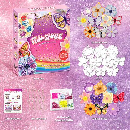 BYTEWAR Shake & Sparkle Arts and Crafts for Kids - 10 Pcs DIY Butterfly & Flower Keychain Making Kit with Glitter, Fun Sensory Craft Toys, Birthday Gifts for Girls Ages 4, 5, 6, 7, 8, 9+