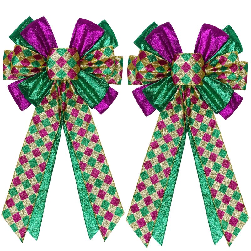2 Pcs Mardi Gras Bows for Wreaths Decorations,12”x20” Large Glitter Tree Topper Bow Decor for Holiday Party Wall Home Front Door Float Golf Cart Gold Green Purple
