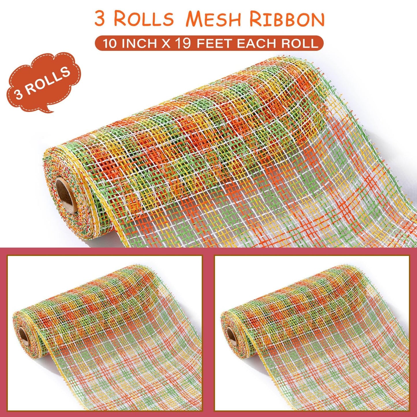 Chuangdi 3 Fall Rolls Poly Burlap Mesh 10 Inches Deco Mesh for Wreath Thanksgiving Yellow Orange and Green Sunflower Plaid Decorative Ribbon for Autumn Wreath Making Supplies