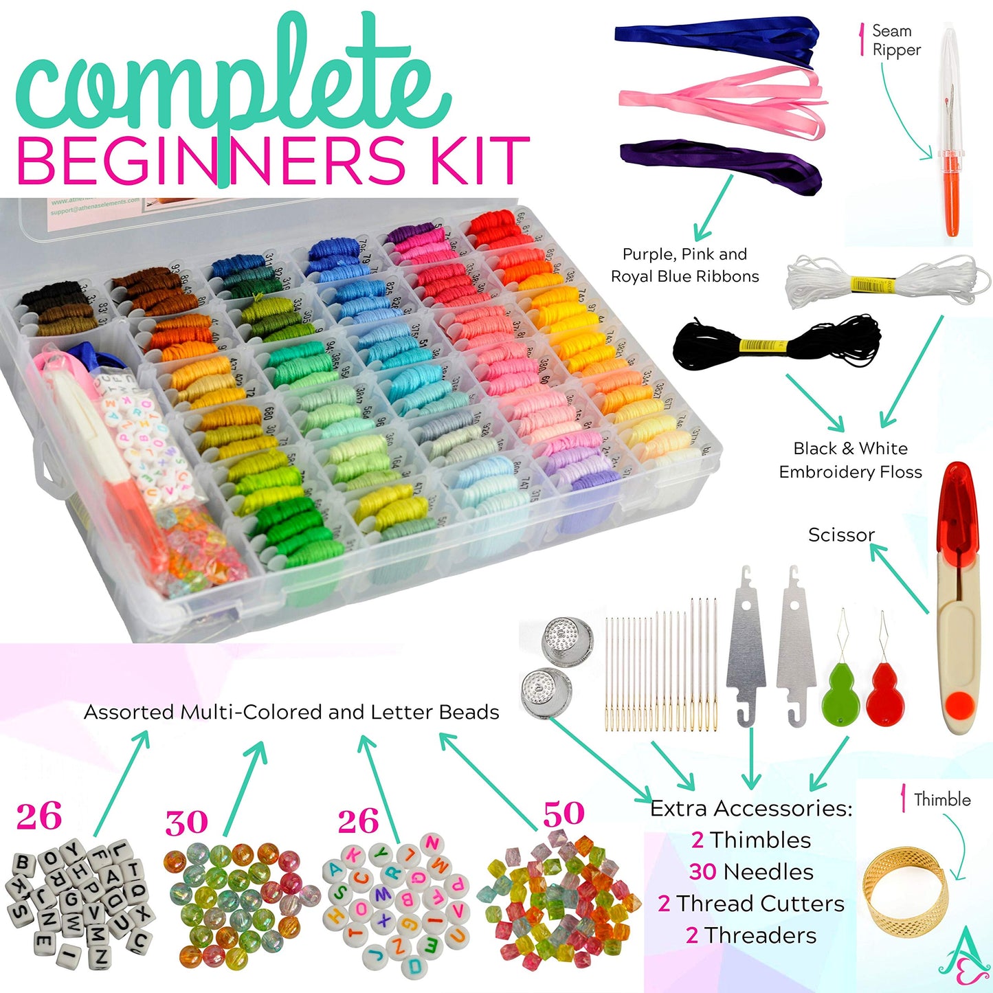 Athena's Elements - Embroidery Floss - 276 Pcs Cross Stitch Thread and Accessories - Perfect for Bracelet Making & DIY Embroidery Projects | Bonus Accessories Included