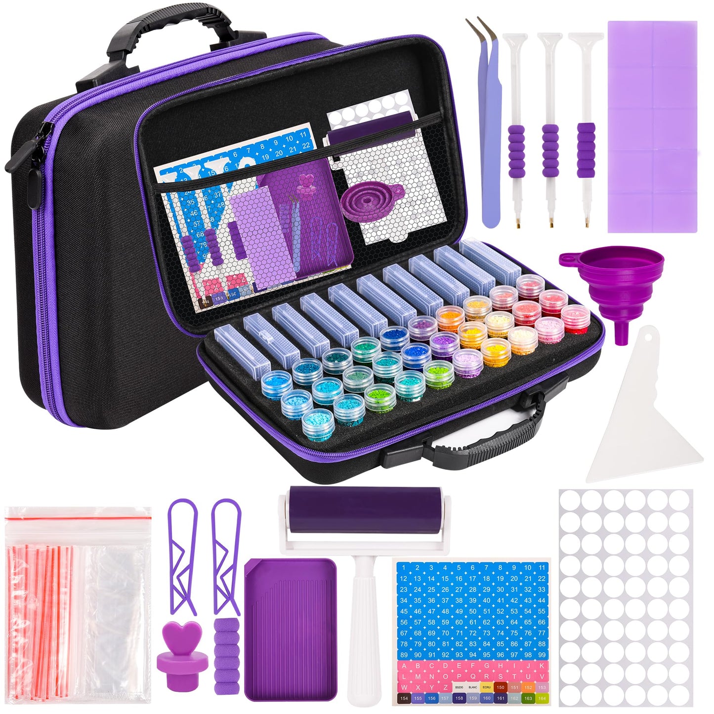 MERATIA Diamond Painting Storage Case Organizer with Containers, Purple and Black, Arts and Crafts Bead Storage Box with Accessories (Purple 40 Slots-2 Sizes)