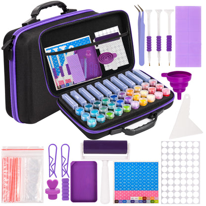 MERATIA Diamond Painting Storage Case Organizer with Containers, Purple and Black, Arts and Crafts Bead Storage Box with Accessories (Purple 40 Slots-2 Sizes)
