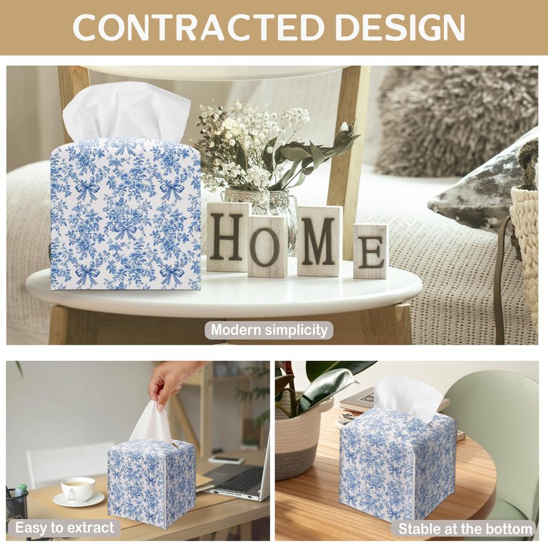 Blue Chinoiserie Bow Tissue Box Cover, Tissue Box Cover Square, Gifts for Women Men Friends, Decorative Facial Paper Case for Home Office Bathroom Vanity Countertop-A09