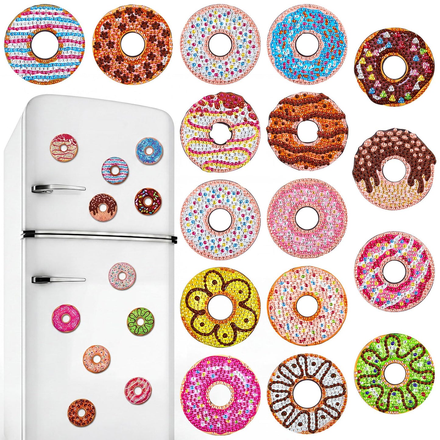 Xuhal 16 Pcs Diamond Painting Magnets DIY Diamond Painting Kits for Gem Art Magnet Refrigerator Stickers for Beginners Adults DIY Crafts Home Decors Party Birthday Gifts(Donut)