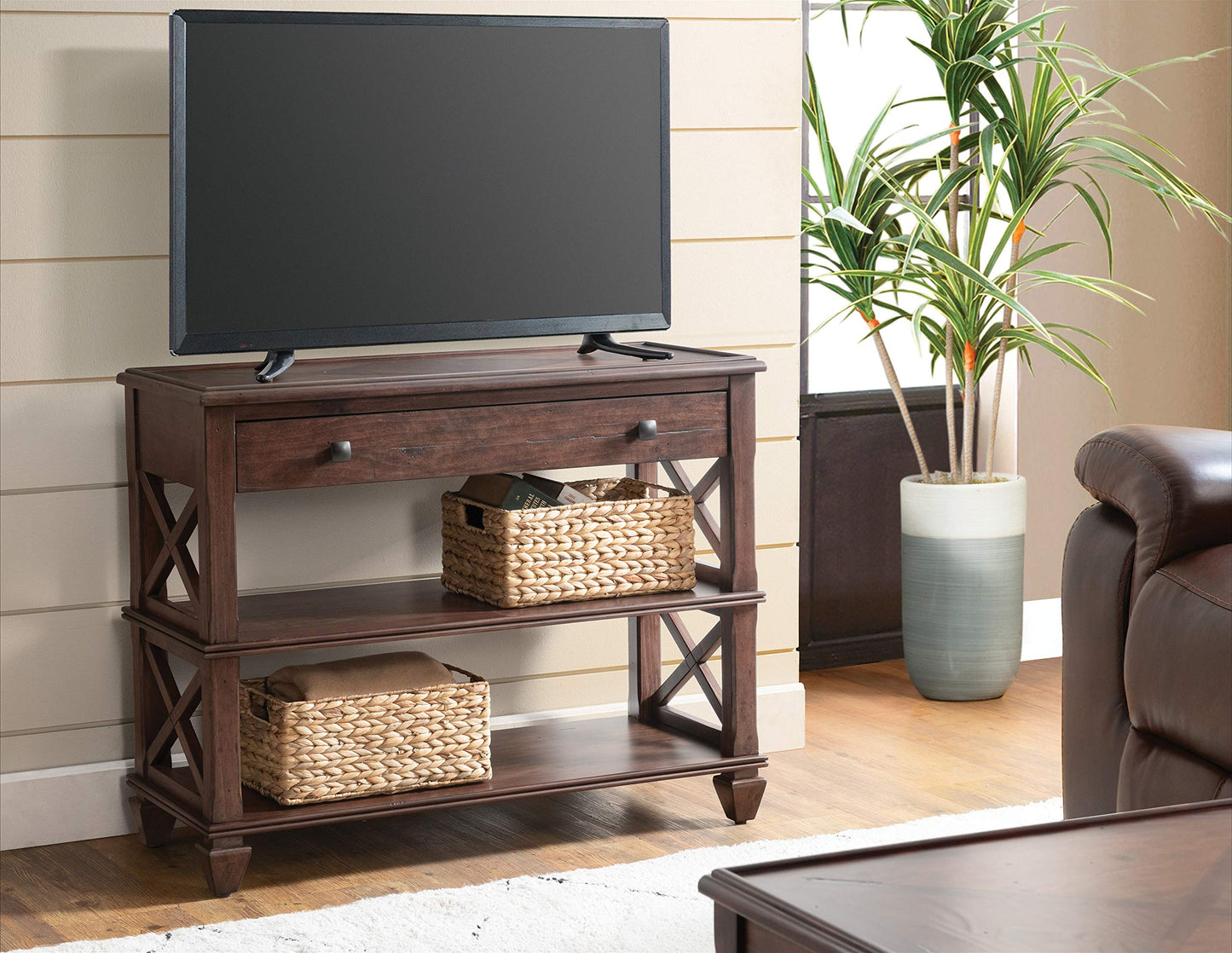 Alaterre Furniture Stockbridge 36 in. L Wood Sofa/TV Console with Drawer, Distressed Cherry Finish, Open Side Panels, Natural Grain, Ideal for Living Room, Supports up to 44 in. TV, Easy Assembly