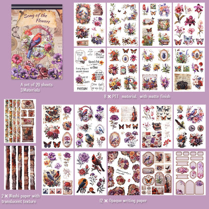 Dizdkizd 177 Pre-Cut Flower and Bird Scrapbook Sticker Book for Adults and Teens, Nature Themed Vintage Aesthetic Sticker Set, Journaling Supplies, Ephemera for Junk Journals
