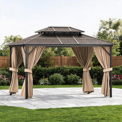 10' x 13' Hardtop Gazebo, Outdoor Aluminum Gazebo with Double Polycarbonate Roof, Permanent Patio Pavilion with Mosquito Netting and Privacy Curtains for Backyard, Garden, Lawn, Khaki