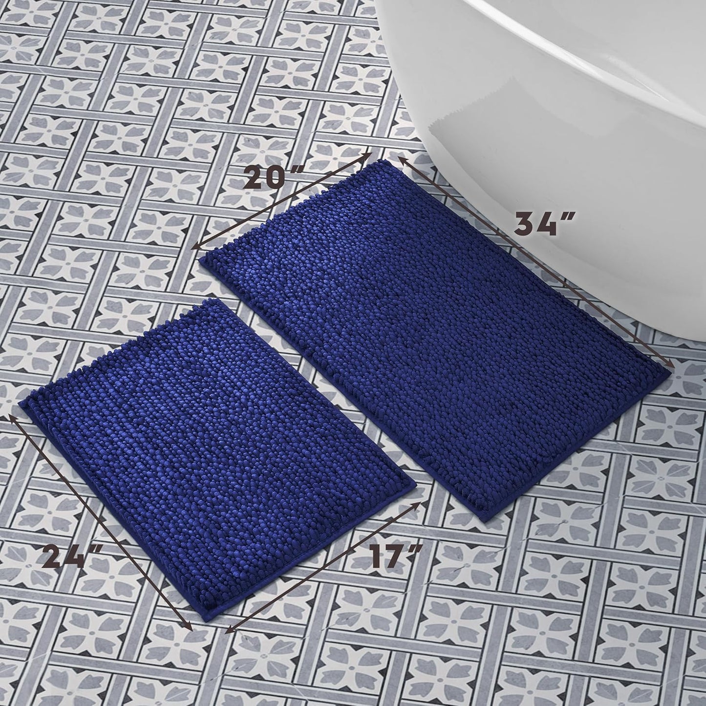 Laura Ashley Butter Chenille Bath Rug, Absorbent Shaggy Non-Slip Bathroom Mat - 2 Piece Navy