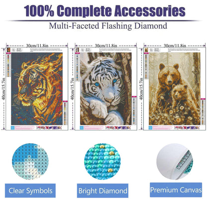 ijbnhd 3 Pack Diamond Art Kits for Adults, Animals Diamond Painting Kits for Adults Beginners, 5D DIY Paint with Diamonds Gem Art Dots Set for Home Wall Decor 12 x 16 Inch (Bear and Tiger)