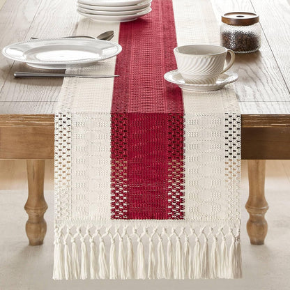 14 72 Inch 72 Inches ZeeMart Macrame Style Bicolor Stitching Table Runner, x Red/Ivory, Boho Red Table Runners Long