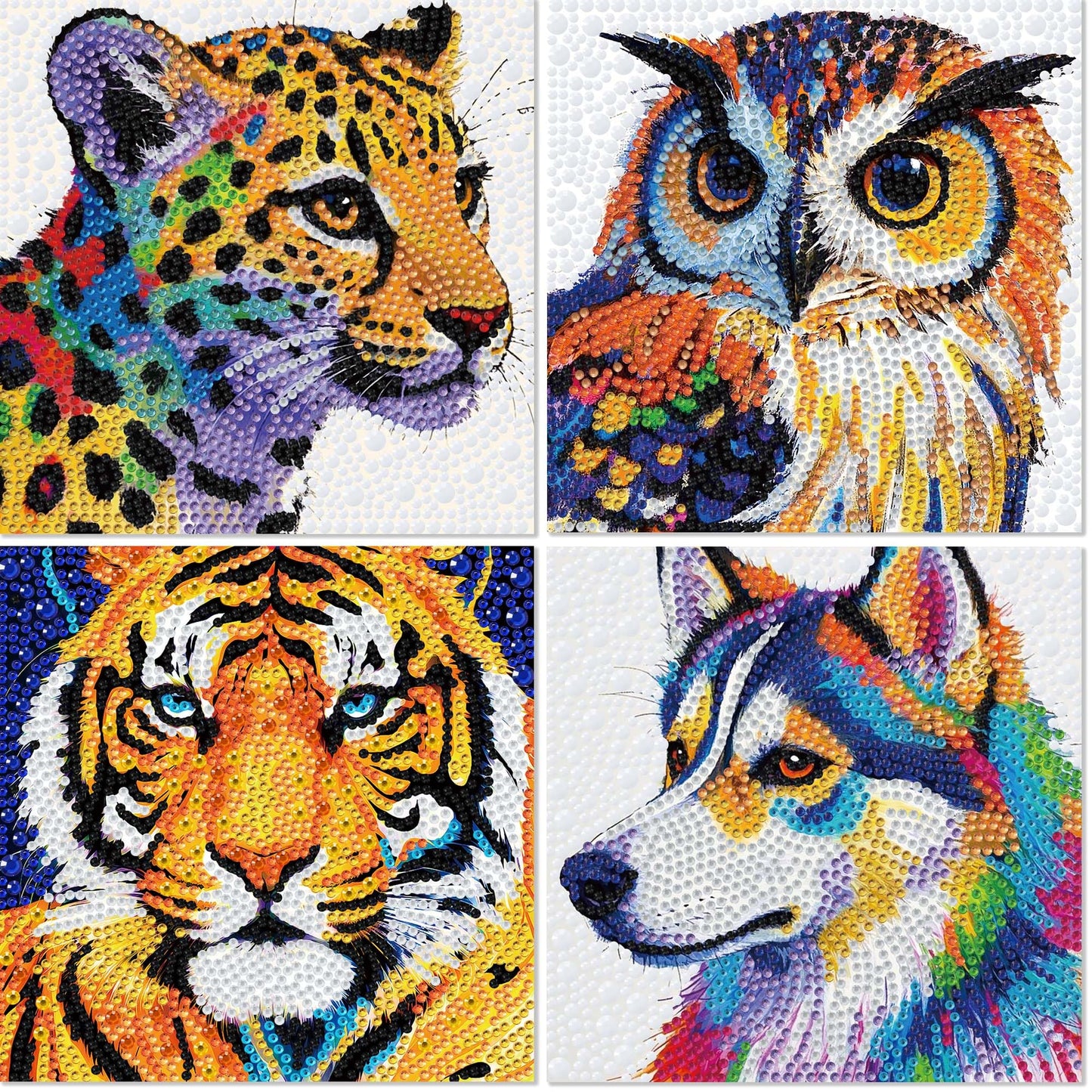 Libfx Diamond Art Kits for Kids 4 PCS Diamond Art for Girls Boys Beginners Arts and Crafts for Kids Ages 8-12 (Tiger Leopard owl Dog)