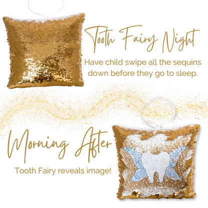Tooth Fairy Pillow Kit for Girls and Boys - Tooth Fairy Evidence Kit with Tooth Fairy Bag - Multi Color Reversible Sequin and Large Pocket - Tooth Pillow with Tooth Fairy Bag